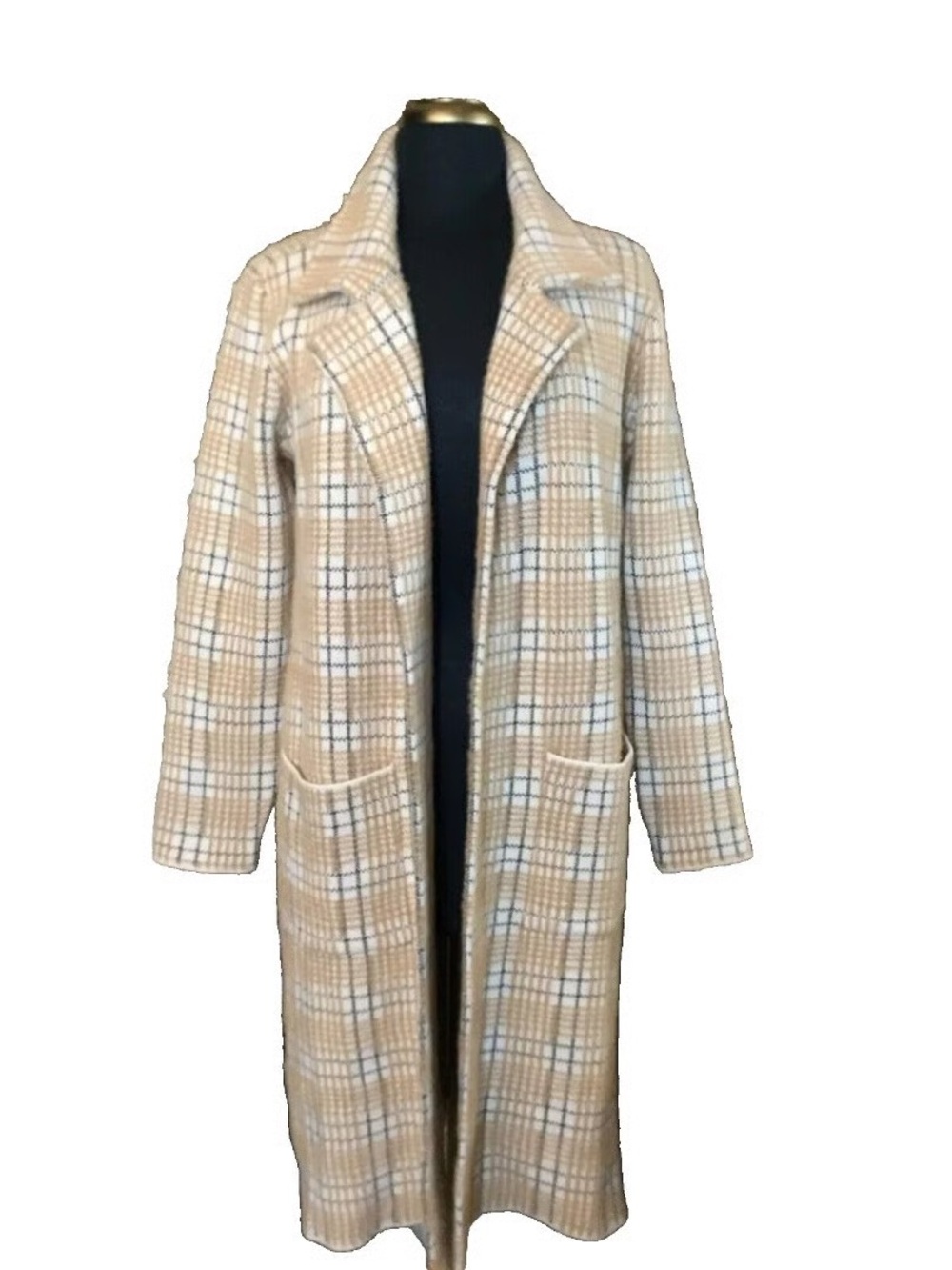 Cyrus Beige Plaid Long Women's Coat - Classic Open Front